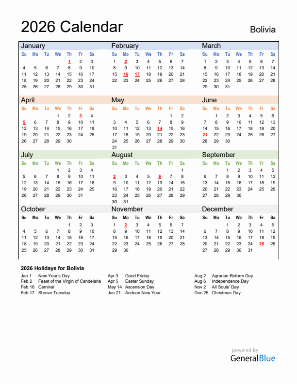 Calendar 2026 with Bolivia Holidays