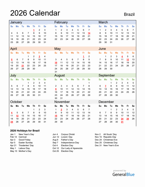Calendar 2026 with Brazil Holidays