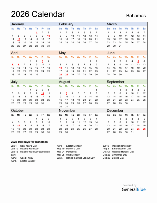 Calendar 2026 with Bahamas Holidays