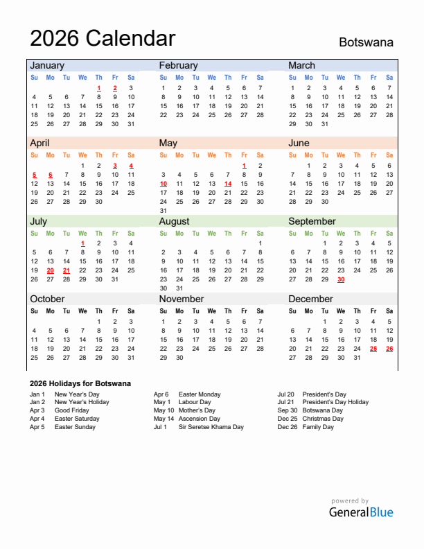 Calendar 2026 with Botswana Holidays