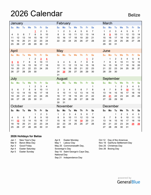 Calendar 2026 with Belize Holidays