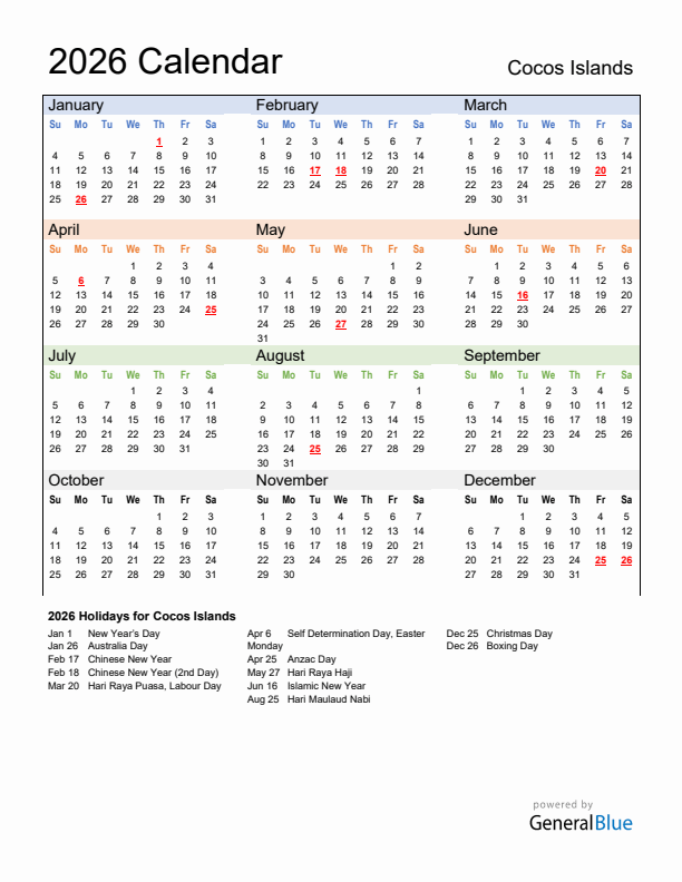 Calendar 2026 with Cocos Islands Holidays