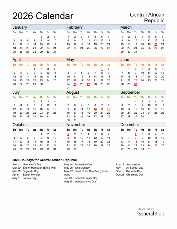 Calendar 2026 with Central African Republic Holidays