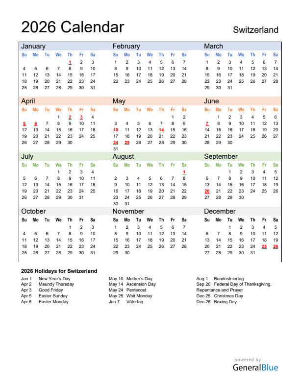 Calendar 2026 with Switzerland Holidays