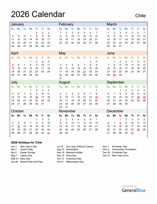 Calendar 2026 with Chile Holidays