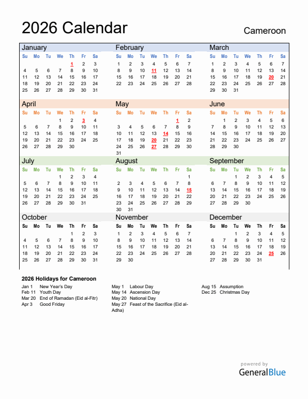 Calendar 2026 with Cameroon Holidays