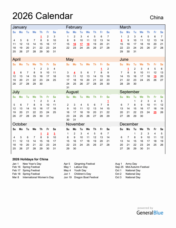 Calendar 2026 with China Holidays