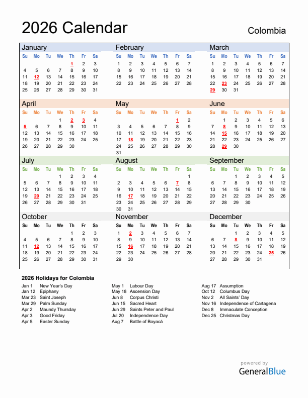 Calendar 2026 with Colombia Holidays
