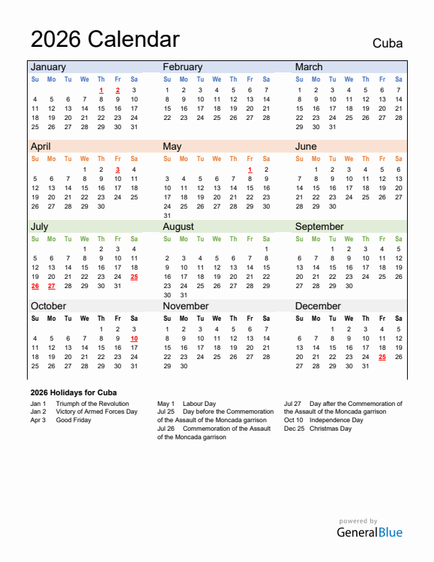 Calendar 2026 with Cuba Holidays