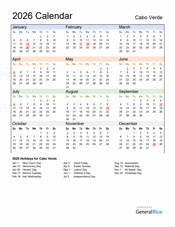 Calendar 2026 with Cabo Verde Holidays