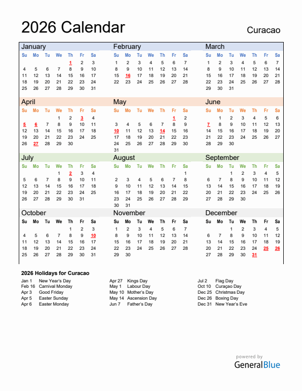 Calendar 2026 with Curacao Holidays