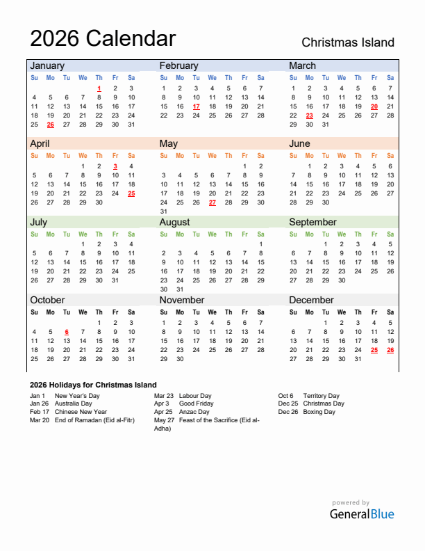 Calendar 2026 with Christmas Island Holidays