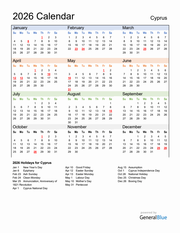 Calendar 2026 with Cyprus Holidays