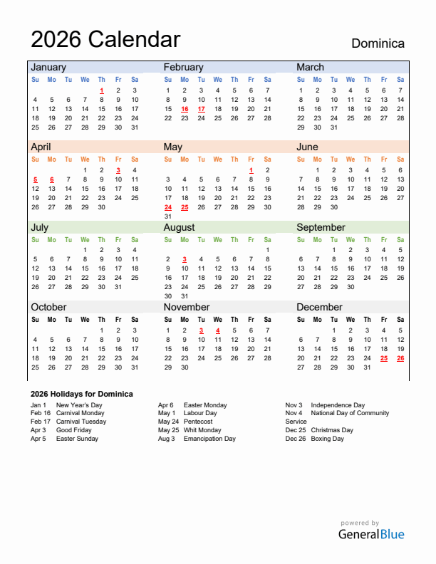 Calendar 2026 with Dominica Holidays