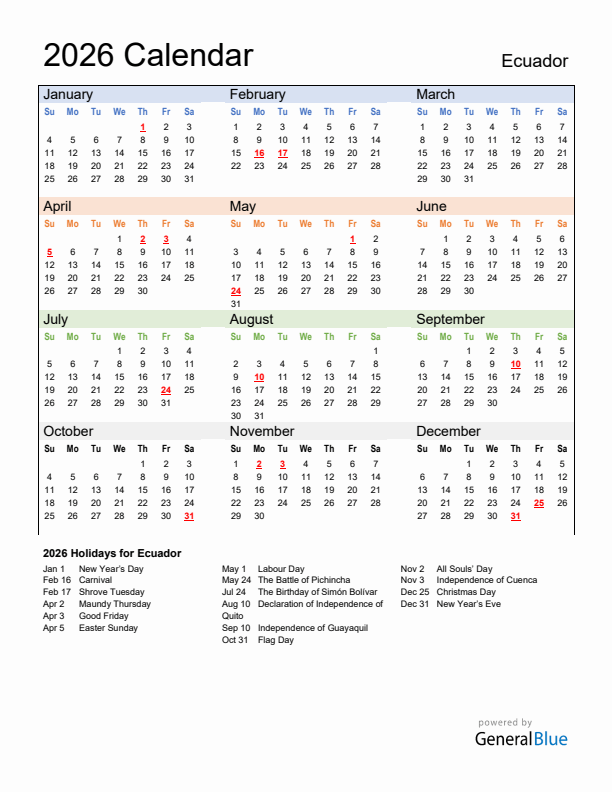 Calendar 2026 with Ecuador Holidays