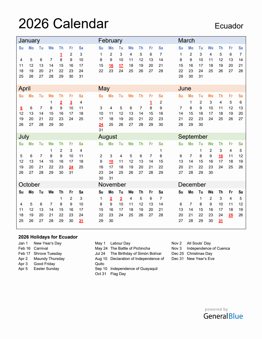 Annual Calendar 2026 With Ecuador Holidays