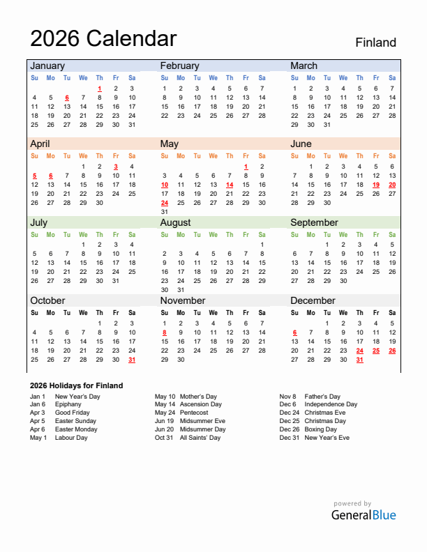 Calendar 2026 with Finland Holidays