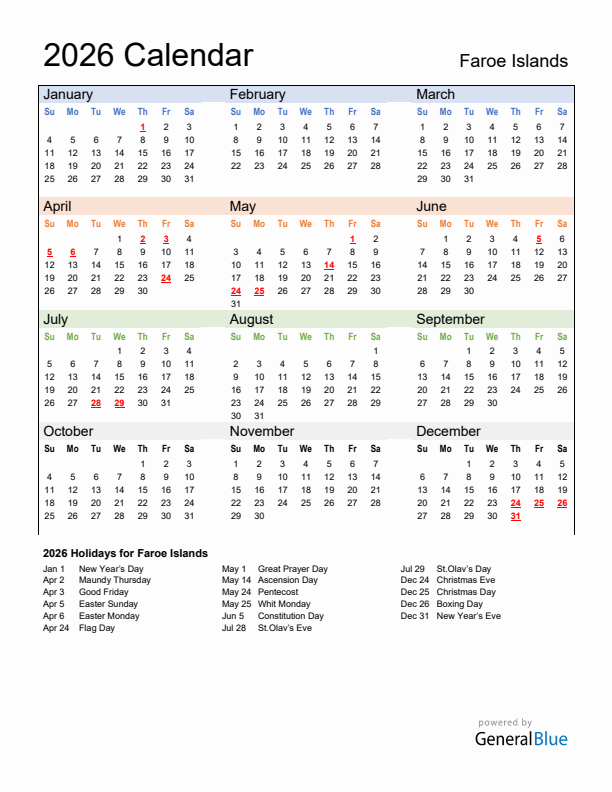 Calendar 2026 with Faroe Islands Holidays