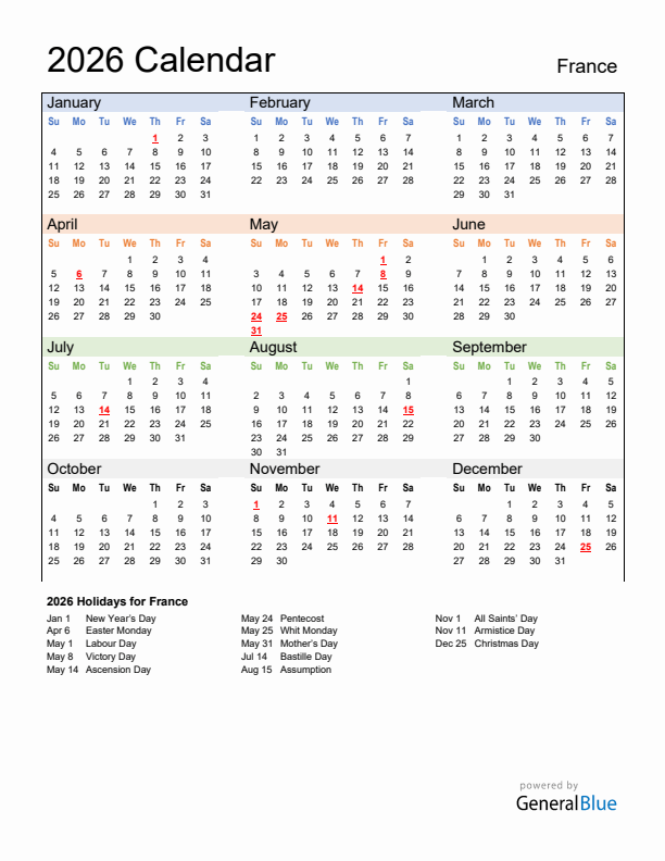 Calendar 2026 with France Holidays