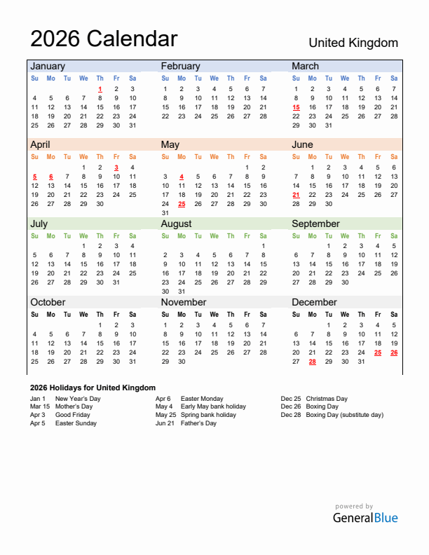 Calendar 2026 with United Kingdom Holidays