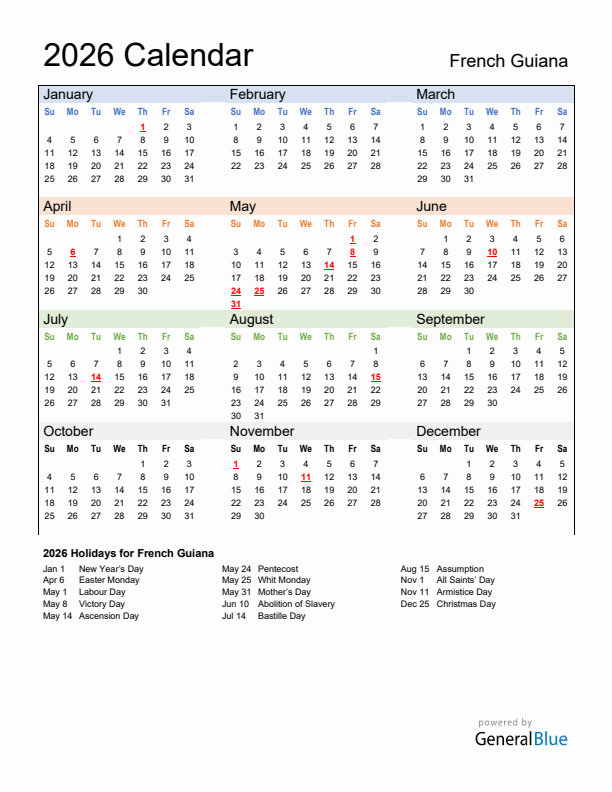 Calendar 2026 with French Guiana Holidays