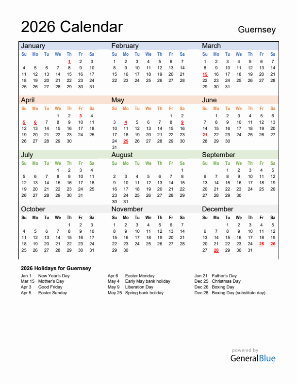 Calendar 2026 with Guernsey Holidays