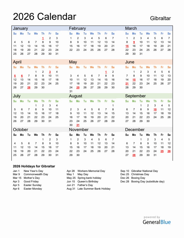 Calendar 2026 with Gibraltar Holidays