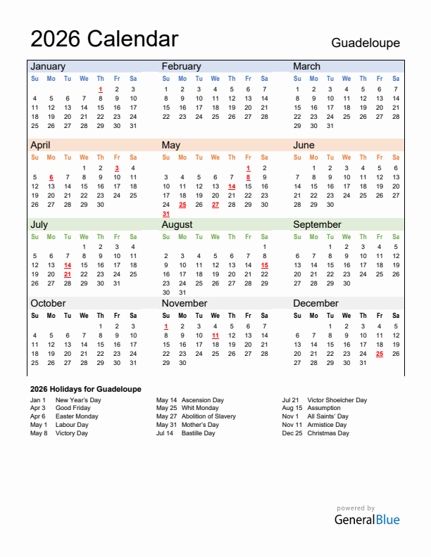Calendar 2026 with Guadeloupe Holidays