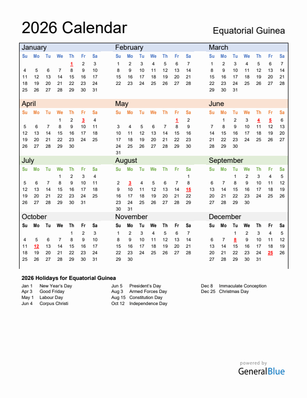 Calendar 2026 with Equatorial Guinea Holidays