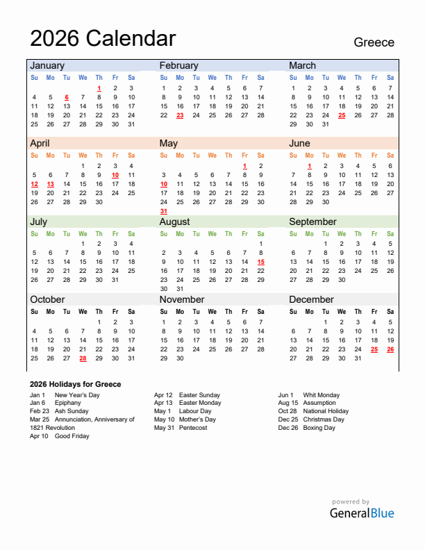 Calendar 2026 with Greece Holidays