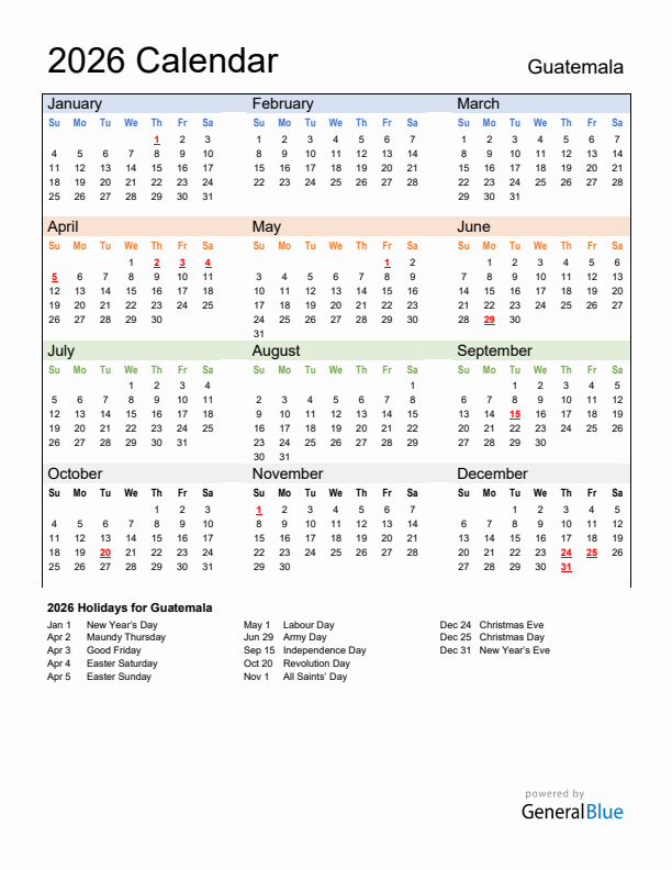 Calendar 2026 with Guatemala Holidays