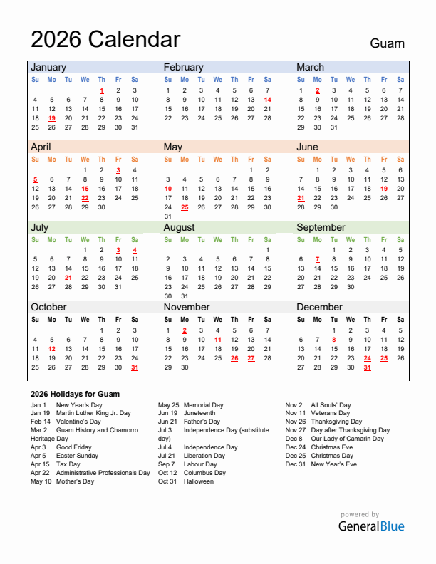 Calendar 2026 with Guam Holidays