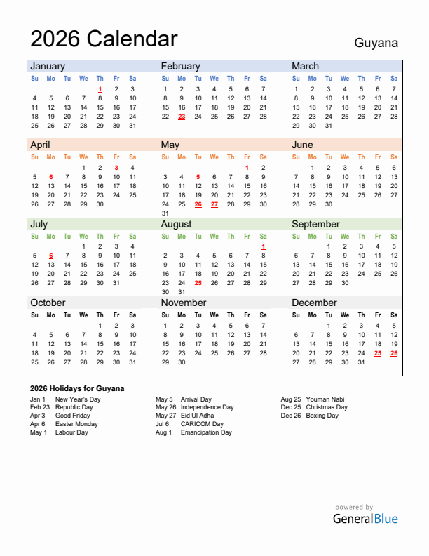 Calendar 2026 with Guyana Holidays