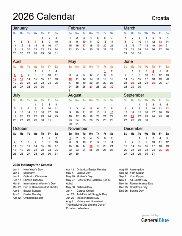 Calendar 2026 with Croatia Holidays
