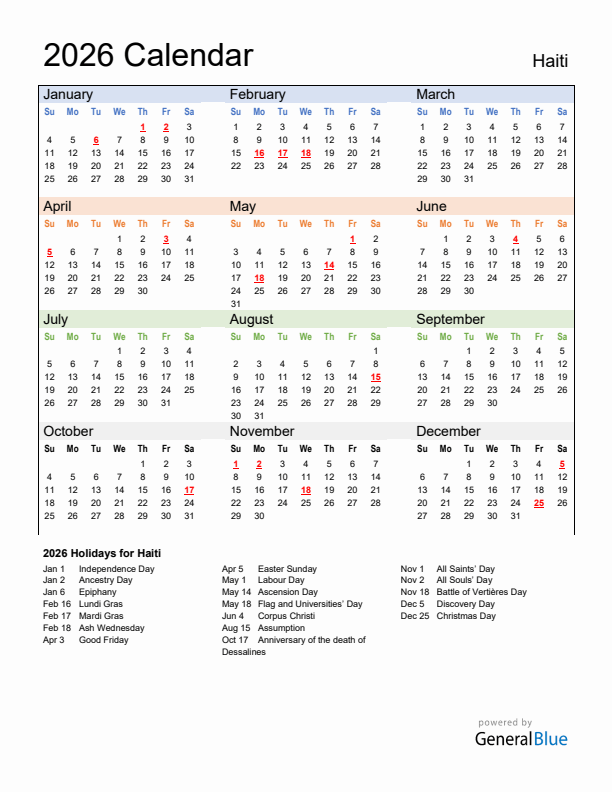 Calendar 2026 with Haiti Holidays