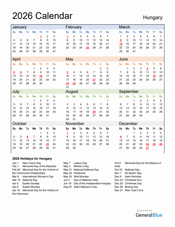 Calendar 2026 with Hungary Holidays