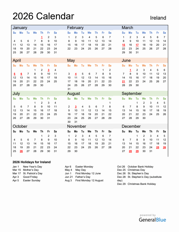 Calendar 2026 with Ireland Holidays