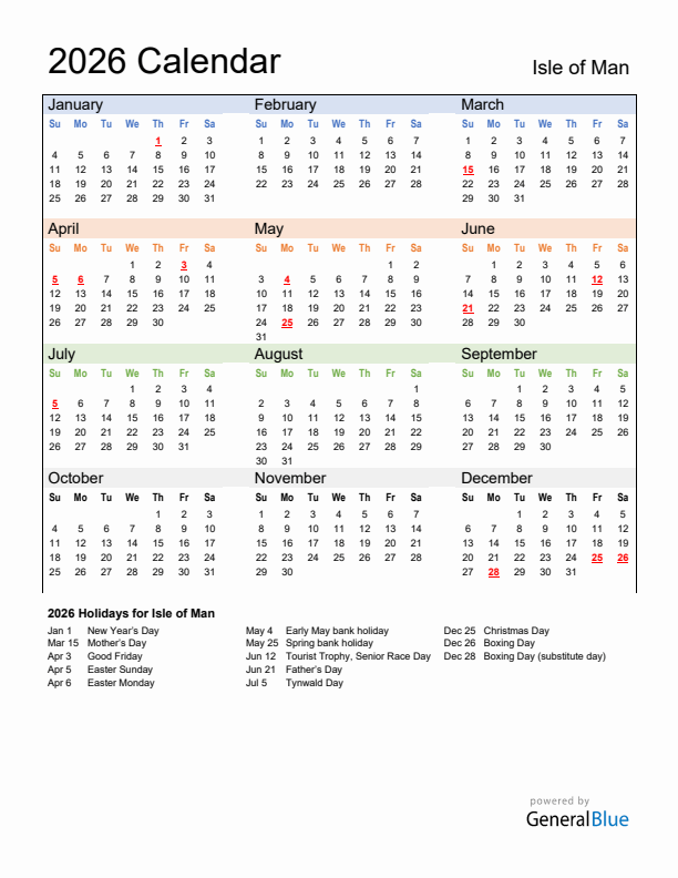 Calendar 2026 with Isle of Man Holidays