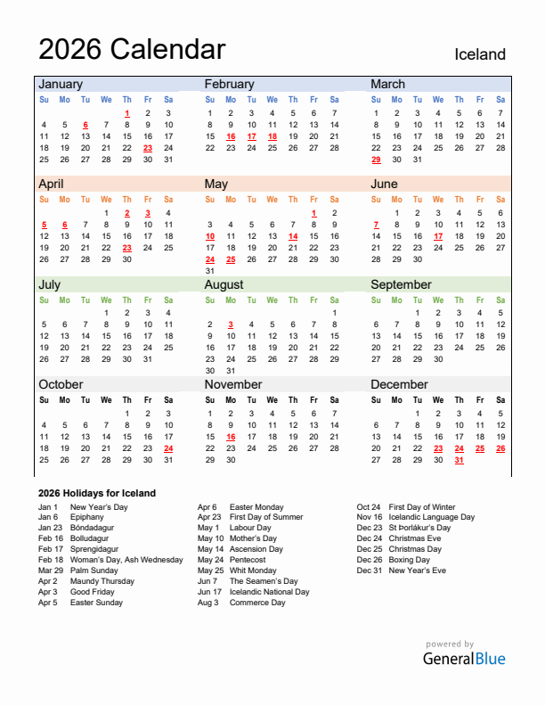 Calendar 2026 with Iceland Holidays
