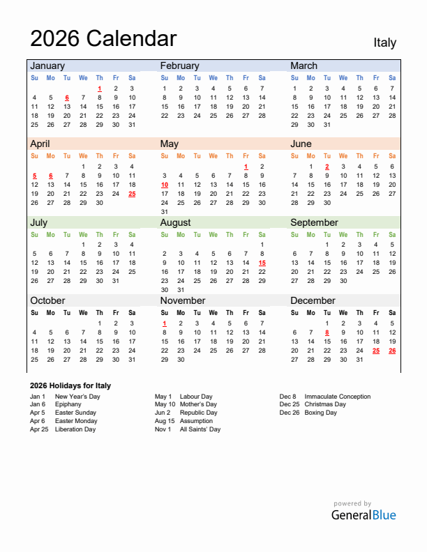 Calendar 2026 with Italy Holidays
