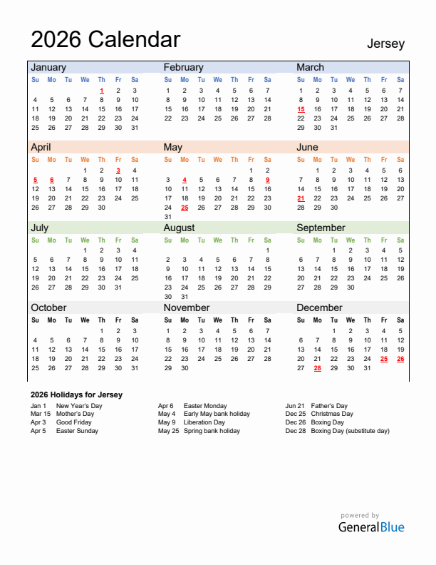 Calendar 2026 with Jersey Holidays