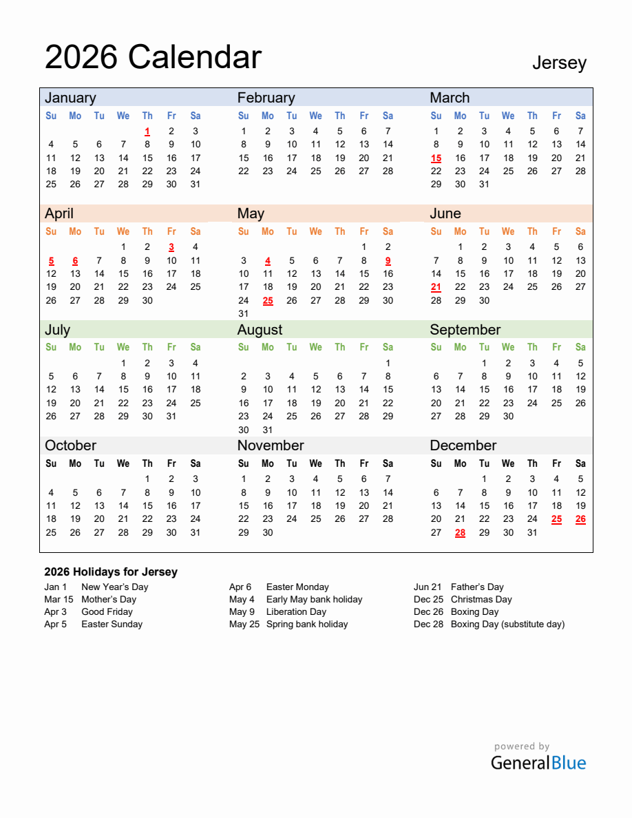 Annual Calendar 2026 With Jersey Holidays