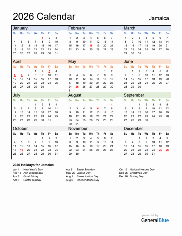 Calendar 2026 with Jamaica Holidays