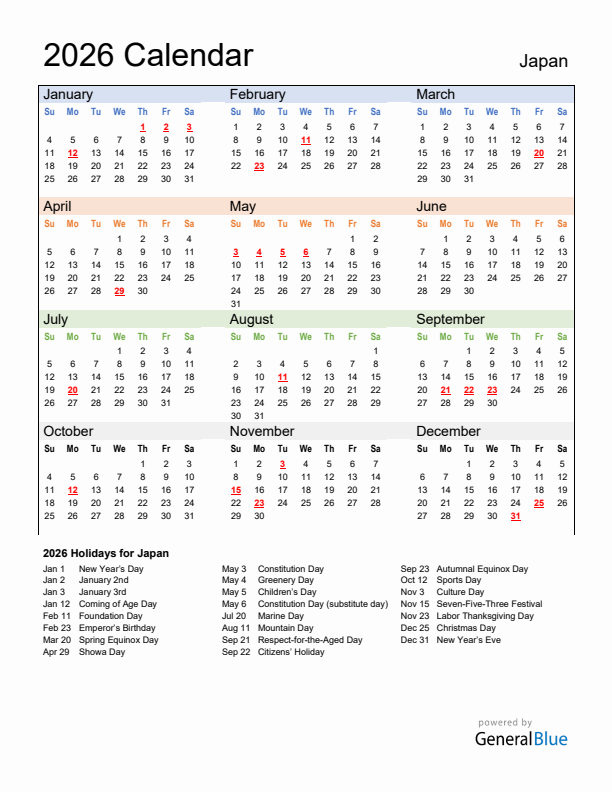 Calendar 2026 with Japan Holidays