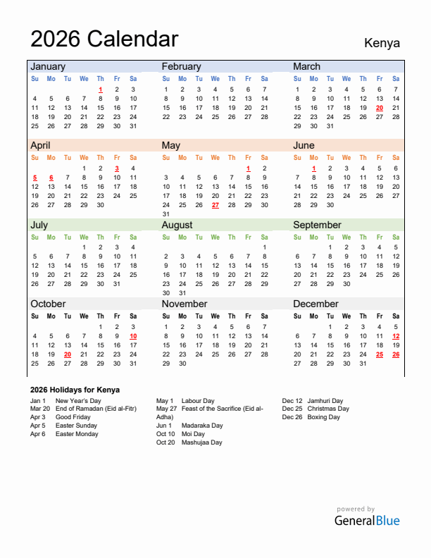 Calendar 2026 with Kenya Holidays