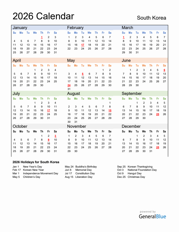 Calendar 2026 with South Korea Holidays