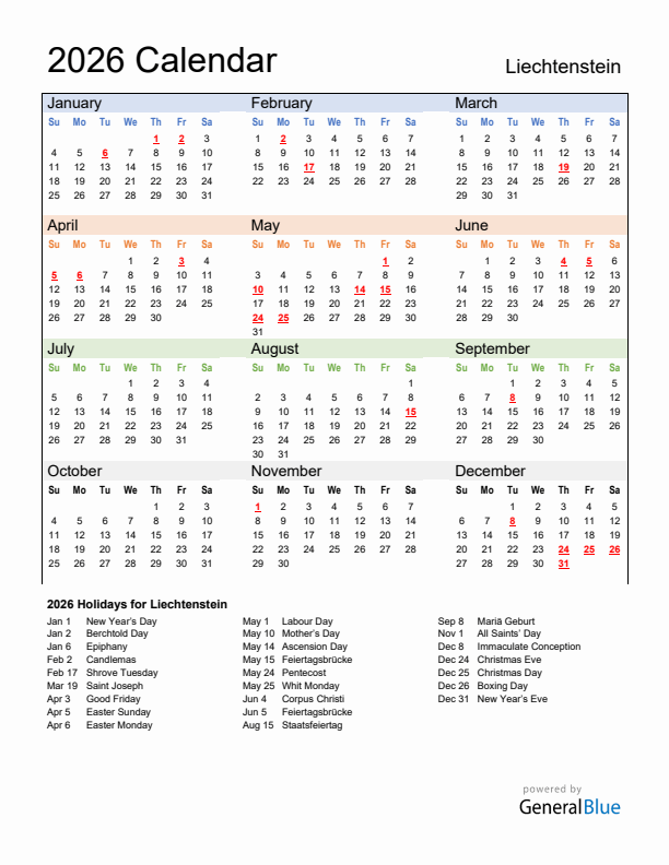 Calendar 2026 with Liechtenstein Holidays