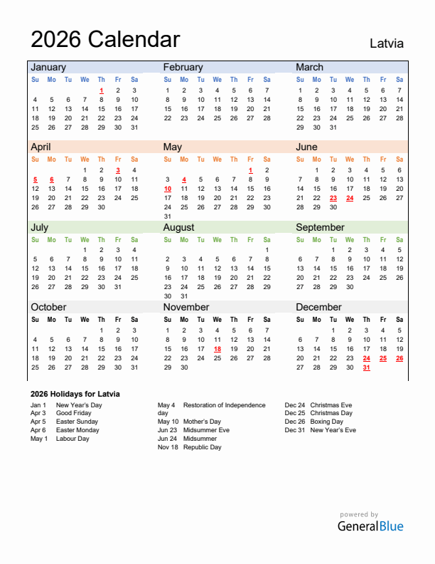 Calendar 2026 with Latvia Holidays