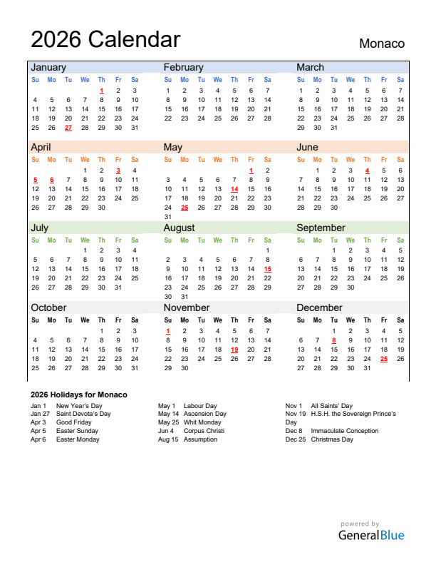 Calendar 2026 with Monaco Holidays