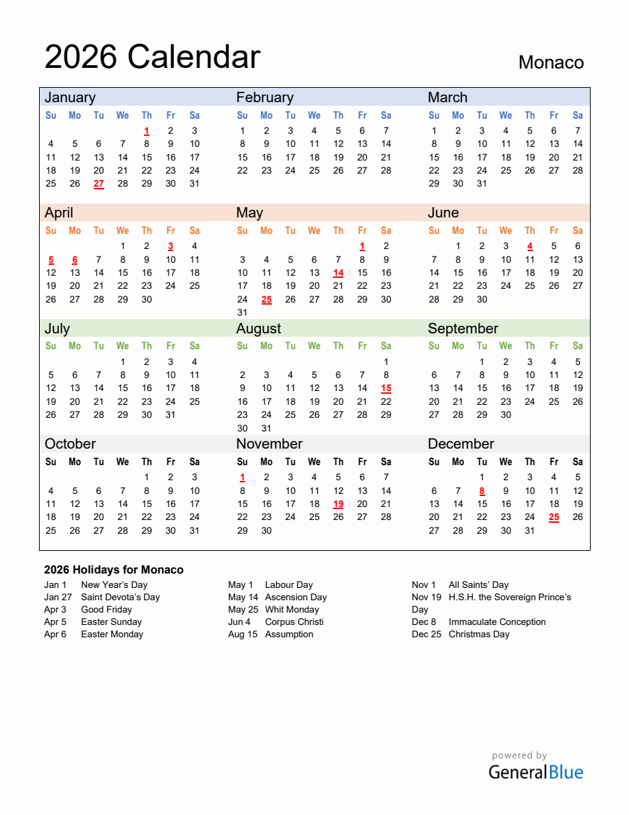 Annual Calendar 2026 with Monaco Holidays